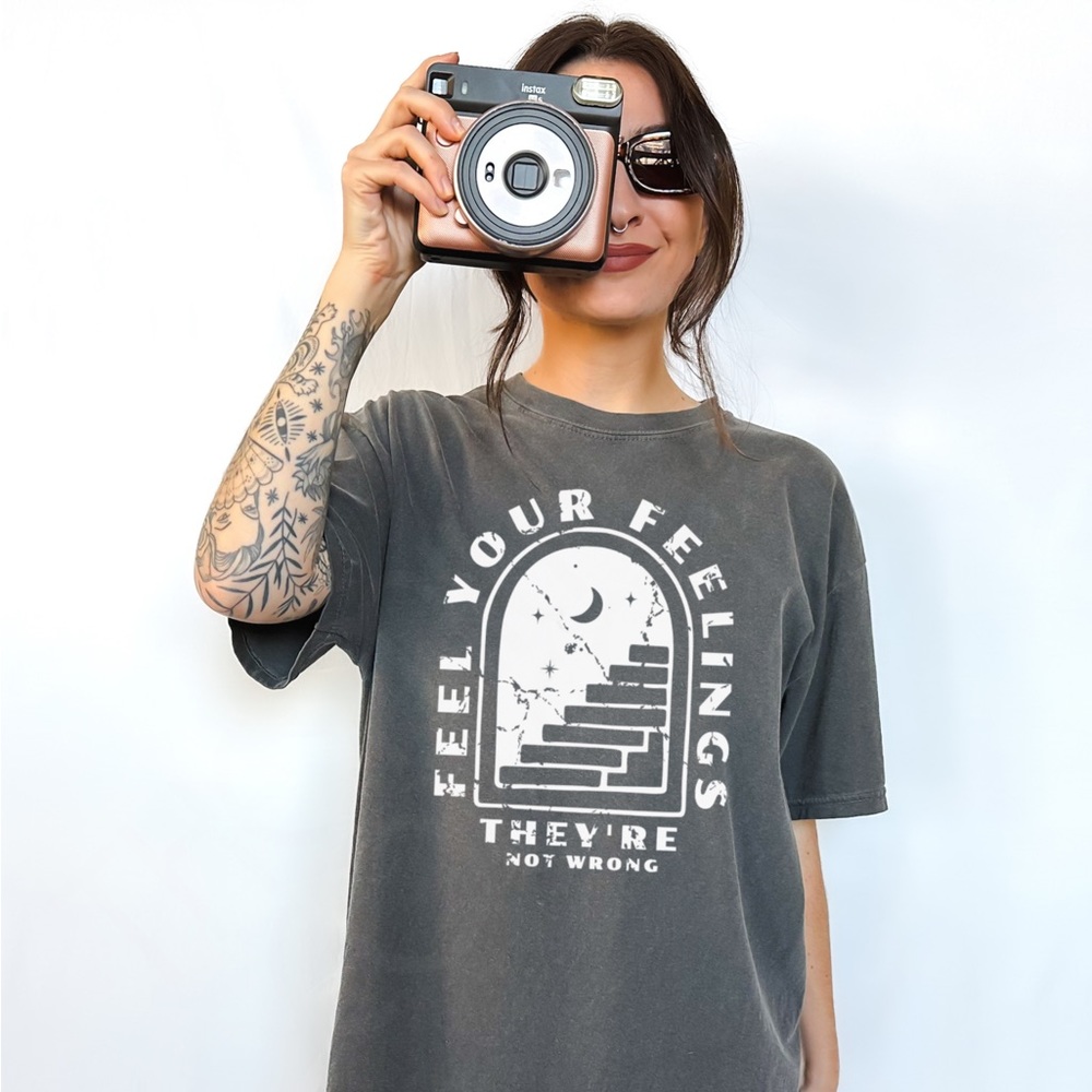 Vintage-Inspired Graphic Tee - Charcoal "Feel Your Feelings"